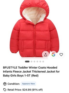 Toddler Puffer Jacket – Red Hooded Fleece Lined Coat